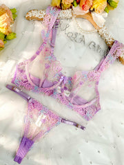Purple Butterfly Bow Embroidered Flower Lingerie Set - 2 pcs set
