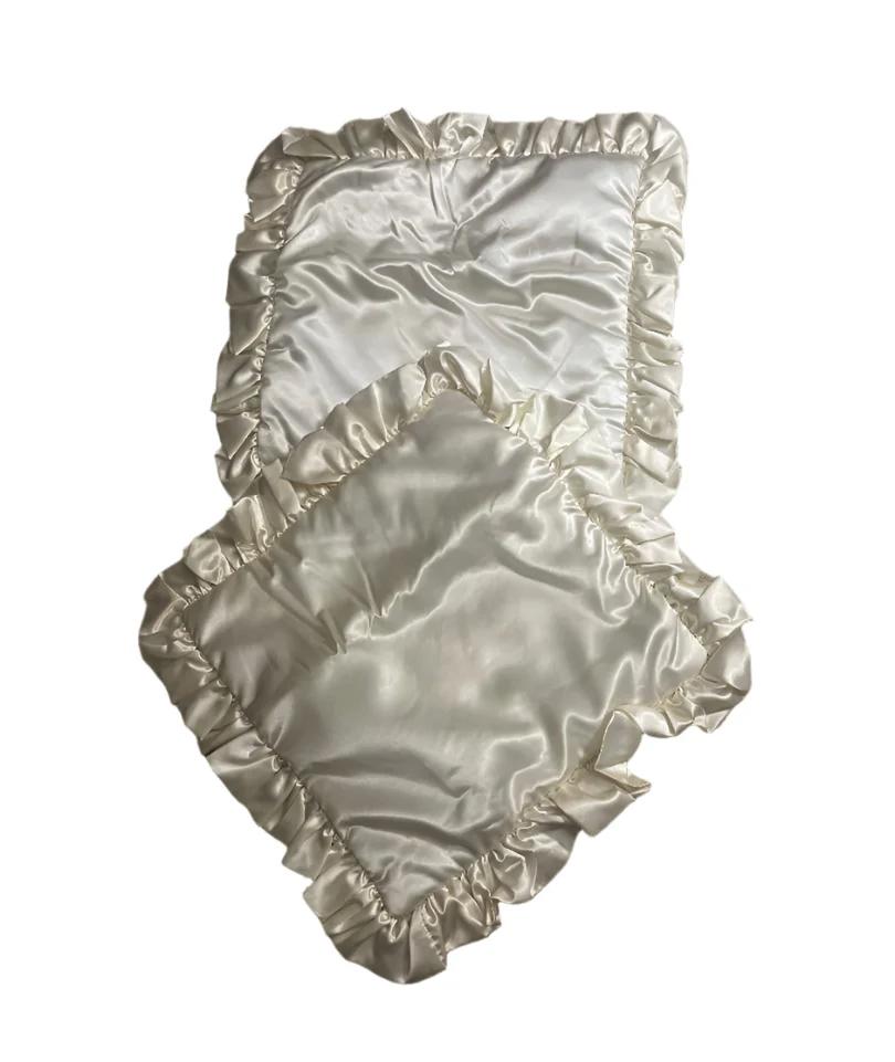 Handmade Pillow Shams - 16 Inch Square Lingerie Satin with Double-Sided Ruffle in Vanilla Pearls displayed elegantly, showcasing the luxurious satin fabric and ruffled edges, perfect for enhancing your bed decor. Ideal handmade pillow shams for a chic aesthetic.