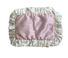 Lingerie Satin Pillow Sham in Dainty Pink and White with 2.5-Inch Ruffle - Elegant Home Decor showcasing the luxurious front view highlighting the delicate ruffle detail.