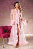 Shirley of Hollywood RS1210 Breathtaking Sheer Nylon Long Robe lavishly trimmed w/Marabou Feathers & ribbon tie front-Long robe-Shirley of Hollywood-Pink-OS-SatinBoutique