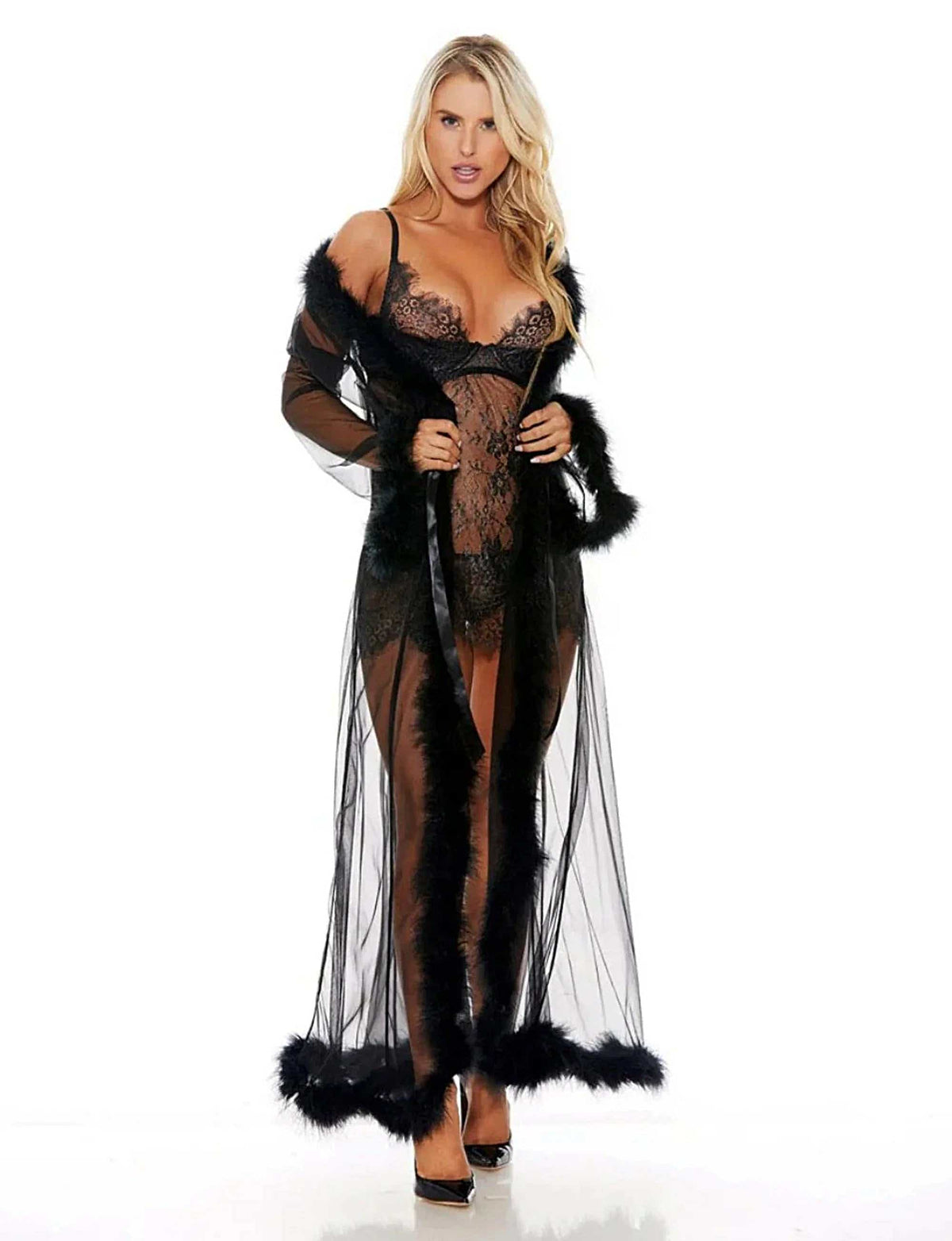 Shirley of Hollywood RS1210  Breathtaking Sheer Nylon Long Robe lavishly trimmed w/Marabou Feathers & ribbon tie front - Long robe