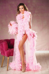 Shirley of Hollywood RS1212 Breathtaking Sheer Nylon Long Robe lavishly trimmed w/Chandelle Feathers - Long robe