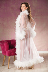 Shirley of Hollywood RS1212 Breathtaking Sheer Nylon Long Robe lavishly trimmed w/Chandelle Feathers - Long robe