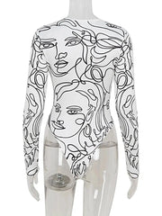 Ahagaga Elegant Skinny Women's Bodysuits Tees Sexy Solid O-Neck Regular Causal Long Sleeves Slim Fit Streetwear T Shirt Rompers -