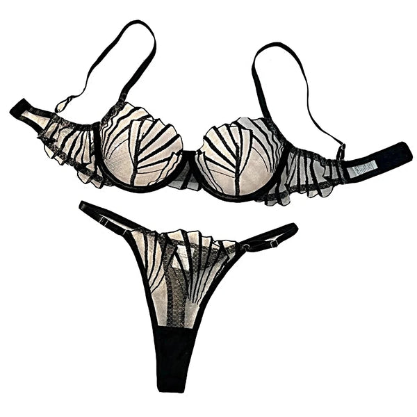 2pcs Women's Bra Set Sexy Lace Mesh Lingerie Set Ultra Thin Breathable Comfortable Lightweight Scallop Transparent Lingerie Set