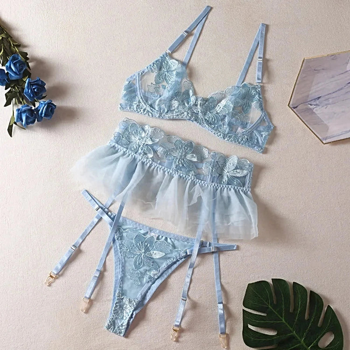 Yimunancy Lace Bra Set Women Transparent Mesh Patchwork Sexy Lingerie Set Floral Garter Brief Underwear Set -