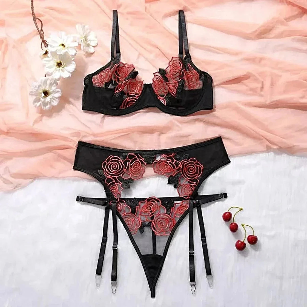 Toucheart 3 Piece Set Sexy Lace Embroidery Bra Set For Women Mesh Patchwork Perspective Sexy Garters Steel Rings Underwear Set -