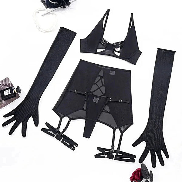 MUZISKAT Summer Sizzler new women's sexy strappy see-through mesh lingerie four-piece set -