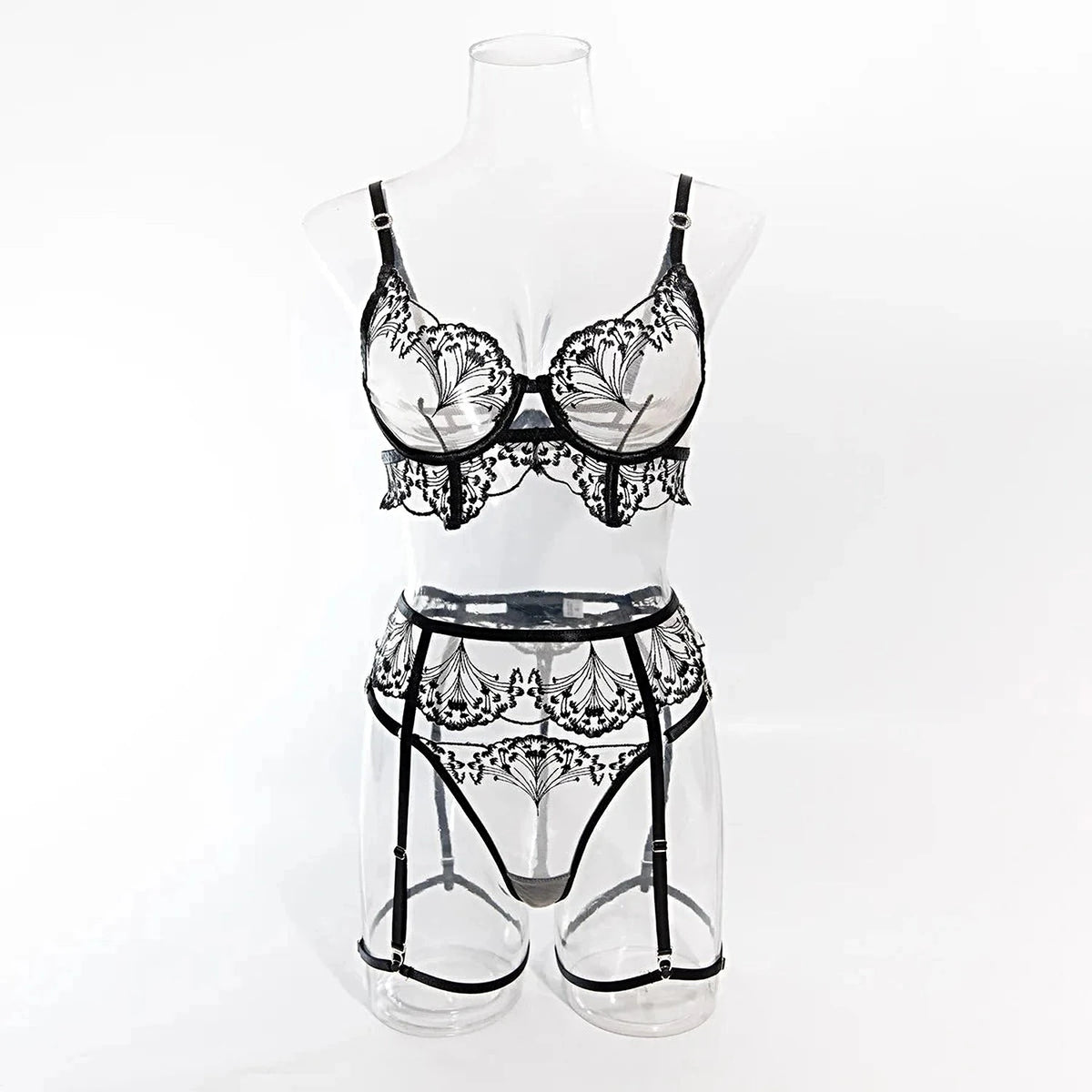 Krasapt Luxury Mesh Embroidered Lingerie Sets Fancy Lace Diamonds Bra And Panty Garter 4pcs Sensual Transparent Lingerie Outfits -