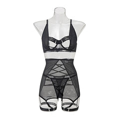 MUZISKAT Summer Sizzler new women's sexy strappy see-through mesh lingerie four-piece set -