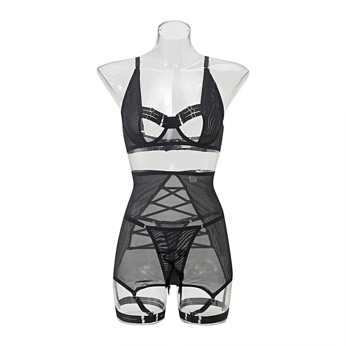 MUZISKAT Summer Sizzler new women's sexy strappy see-through mesh lingerie four-piece set -