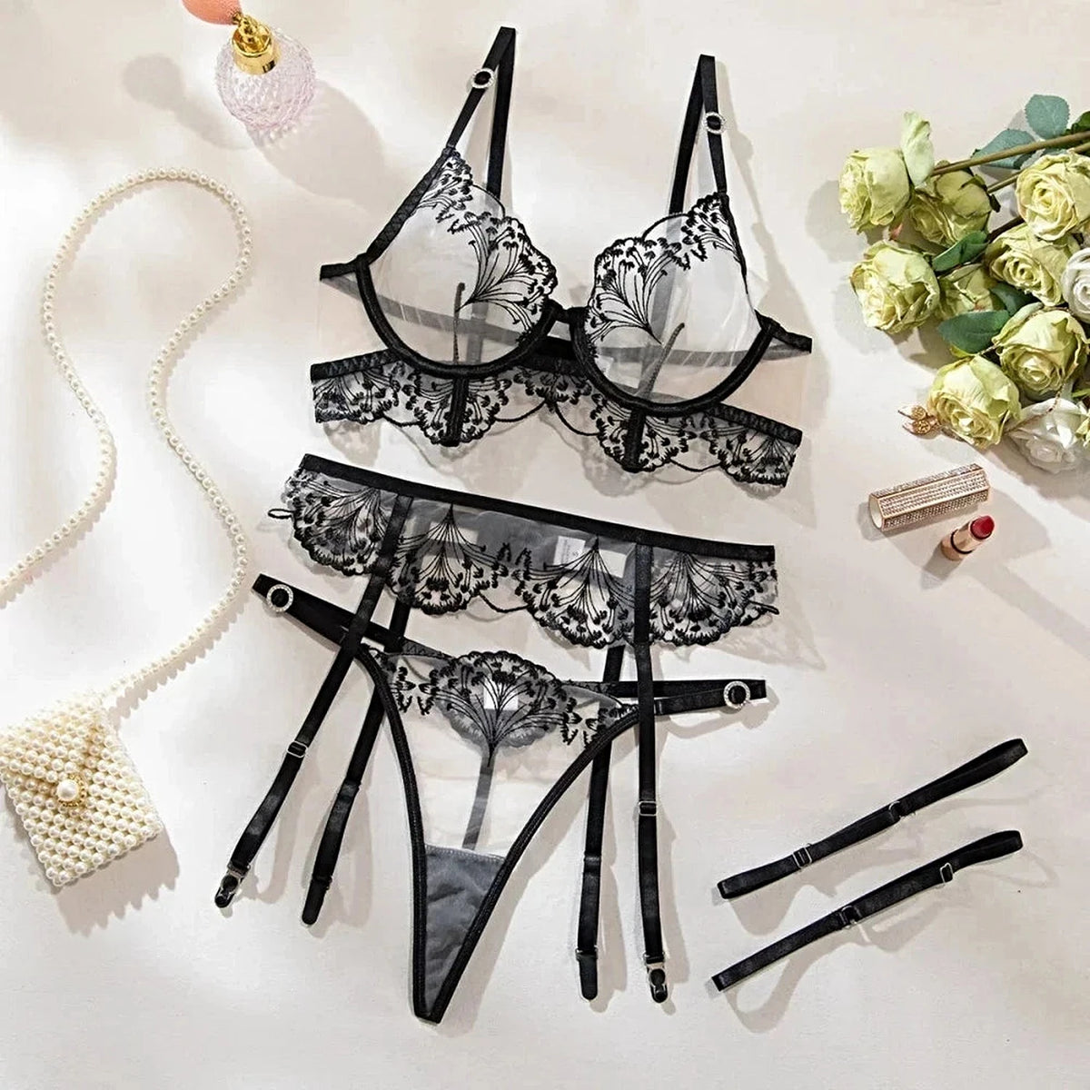 Krasapt Luxury Mesh Embroidered Lingerie Sets Fancy Lace Diamonds Bra And Panty Garter 4pcs Sensual Transparent Lingerie Outfits -
