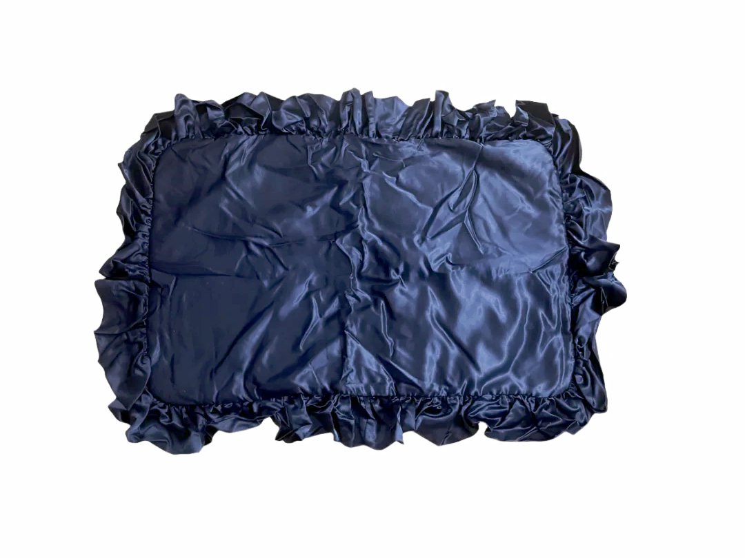 Luxury Navy Satin Pillow Shams with 3-Inch Ruffle Trim showcasing a smooth satin texture and elegant design, perfect for enhancing bedroom decor as premium satin pillow shams.