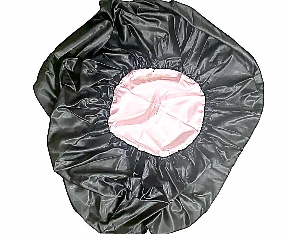 Lingerie Satin Table Skirt - Custom Pink 20 In Top &amp; Black 25 In Drop, showcasing luxurious elegance for upscale events, featuring a high-quality lingerie satin table skirt design.