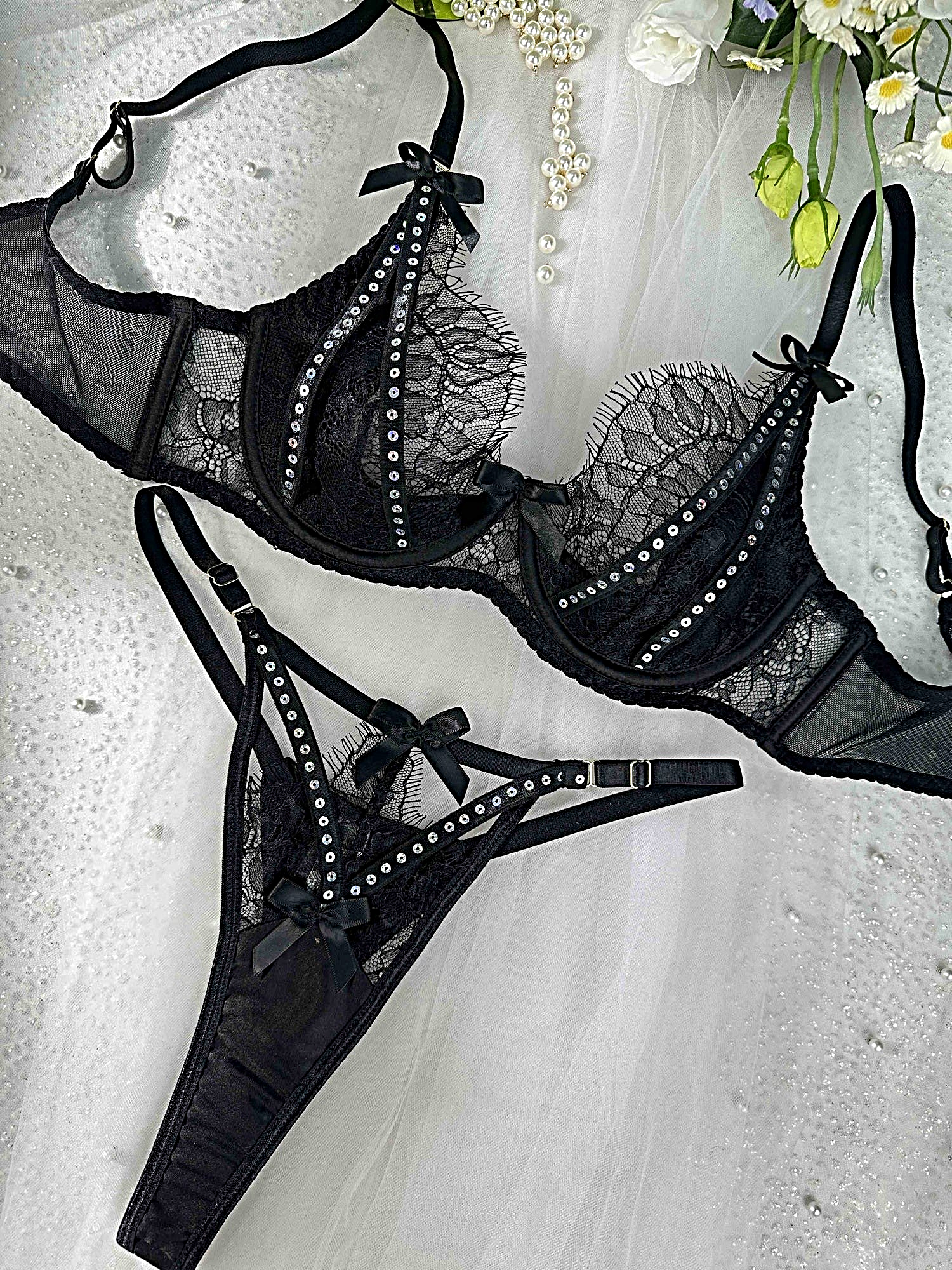 Midnight Noir Sparkle Lace Lingerie Set - 2 pcs set