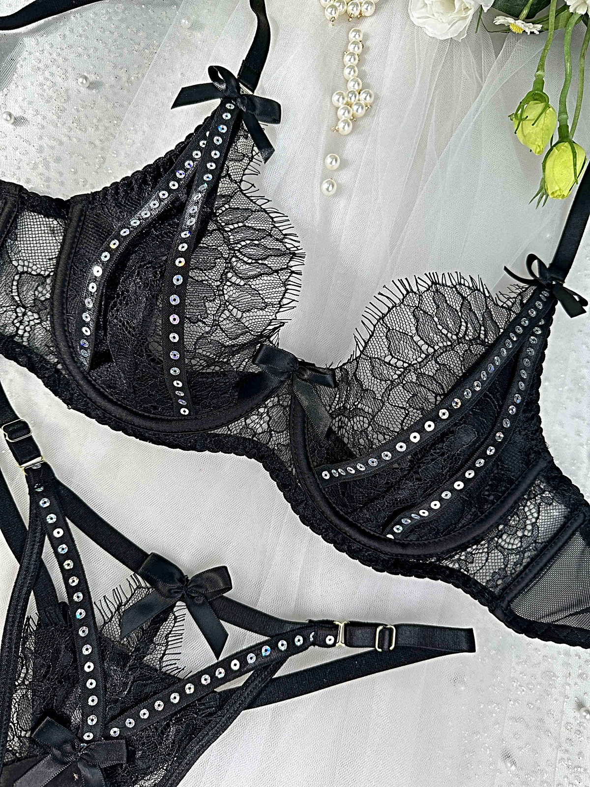 Midnight Noir Sparkle Lace Lingerie Set - 2 pcs set