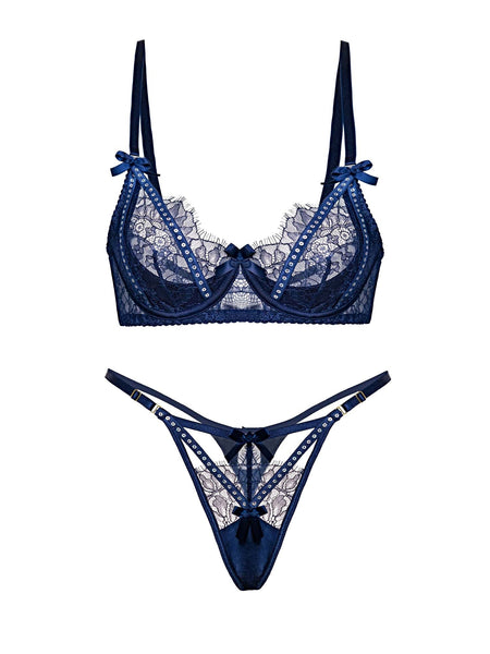 Midnight Sapphire Sparkle Lace Lingerie Set - 2 pcs set
