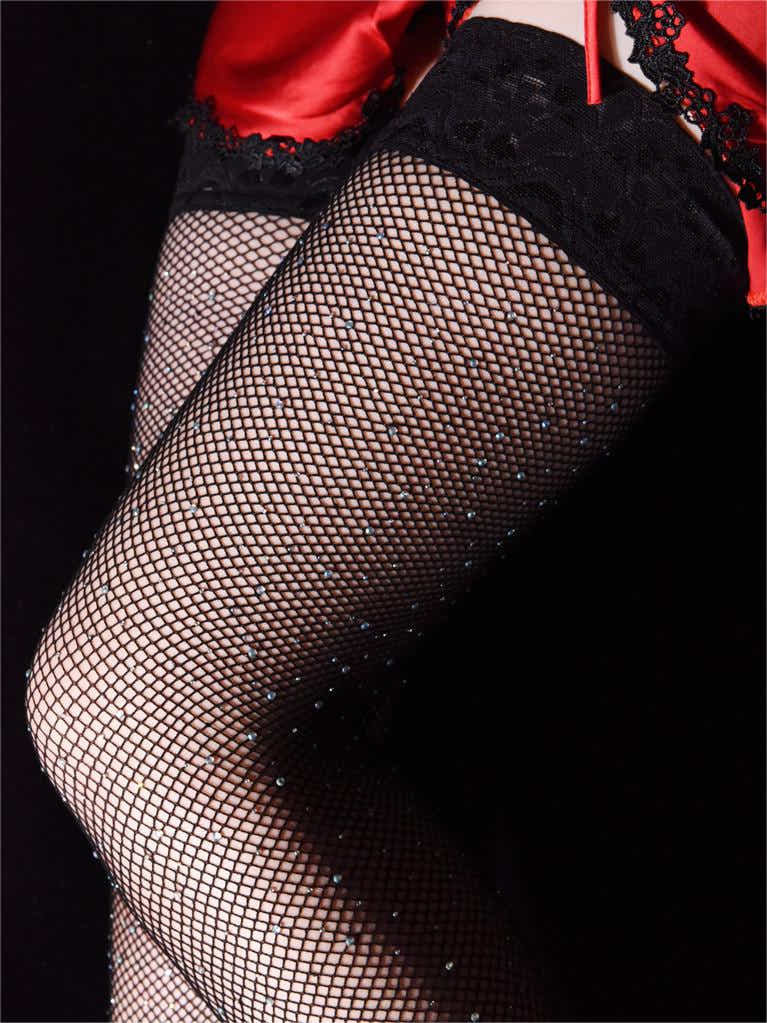 Thigh High Rhinestone Fishnet Stockings - Stockings