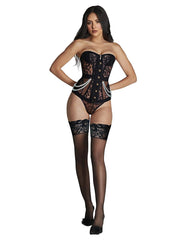 Model wearing an Elegant Black Lace Corset Set demonstrating the soft, breathable fabric and chic sheer mesh detail of the black lace corset.