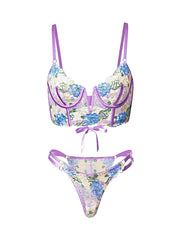 Purple Florals Embroidery Bustier  Lingerie Set - 2 pcs set