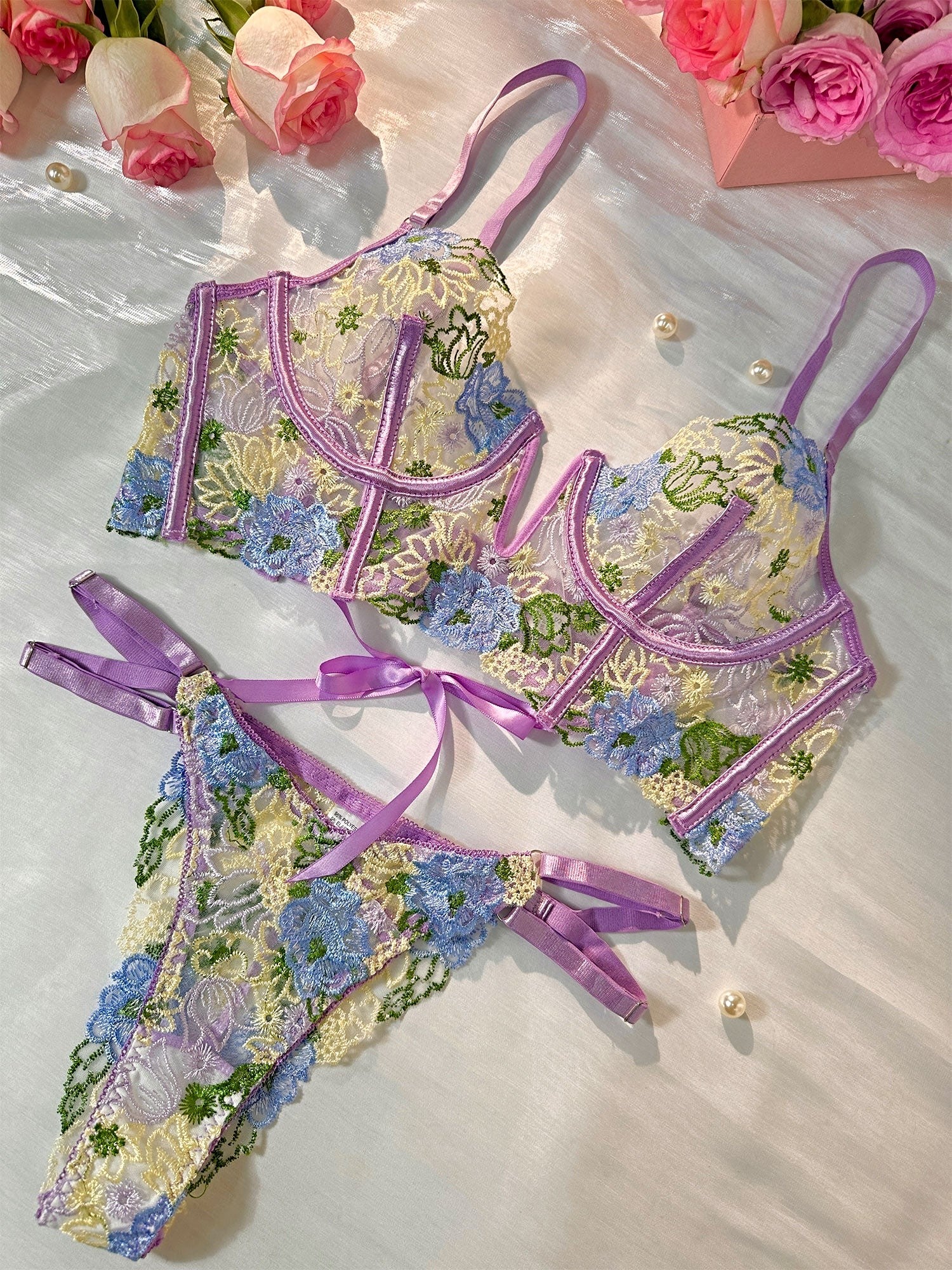 Purple Florals Embroidery Bustier  Lingerie Set - 2 pcs set