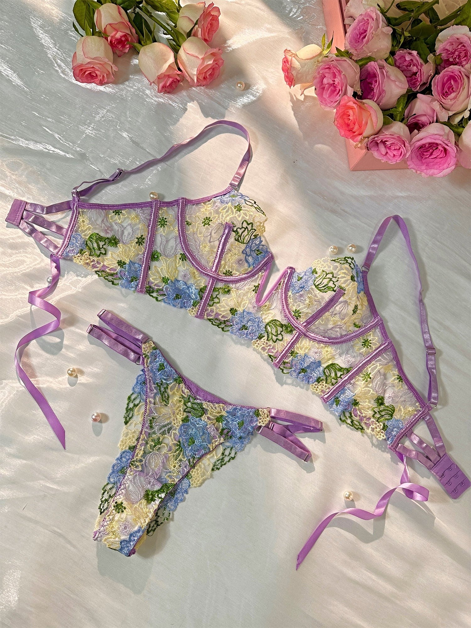 Purple Florals Embroidery Bustier  Lingerie Set - 2 pcs set