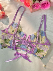 Purple Florals Embroidery Bustier  Lingerie Set - 2 pcs set