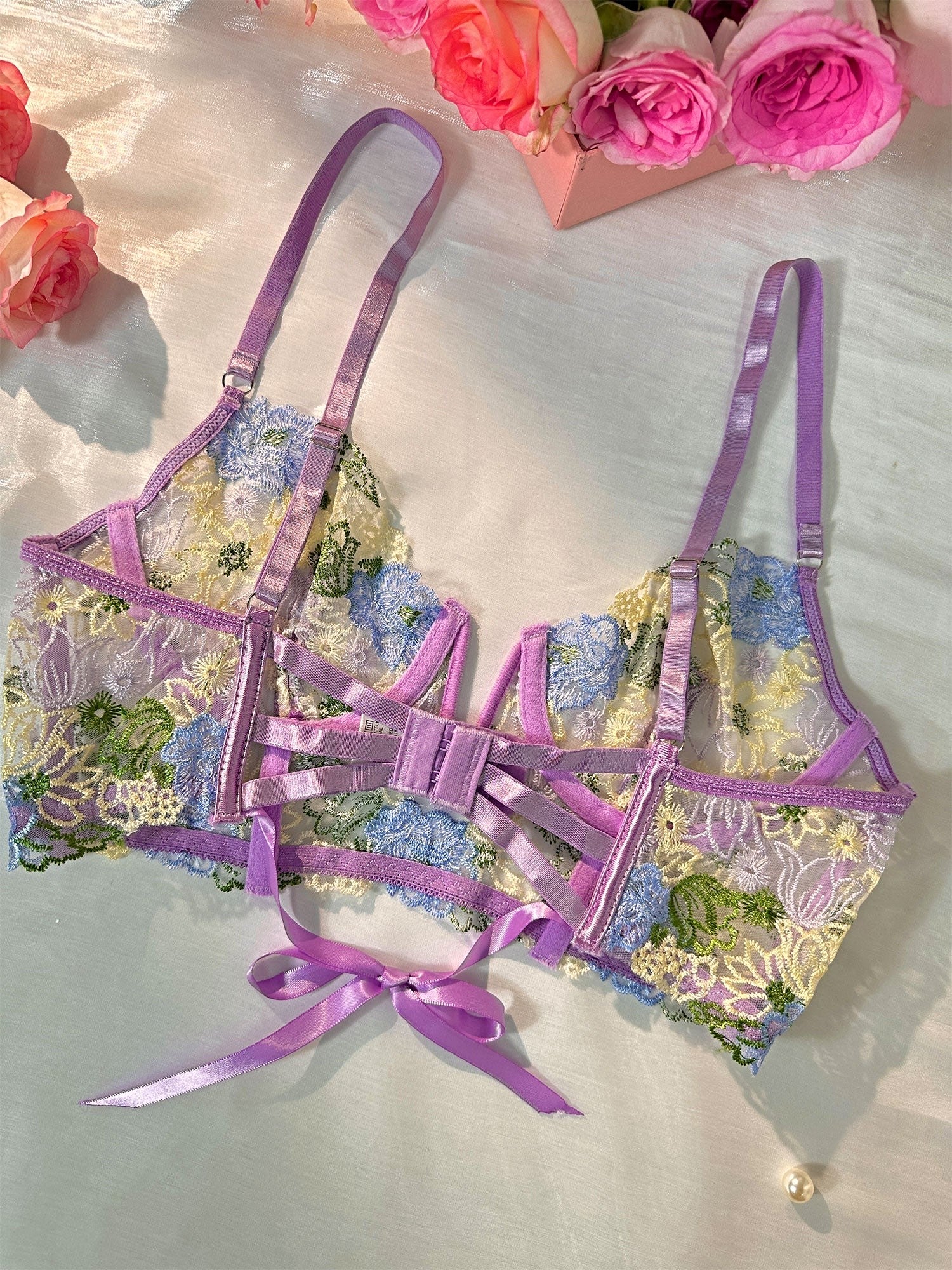 Purple Florals Embroidery Bustier  Lingerie Set - 2 pcs set