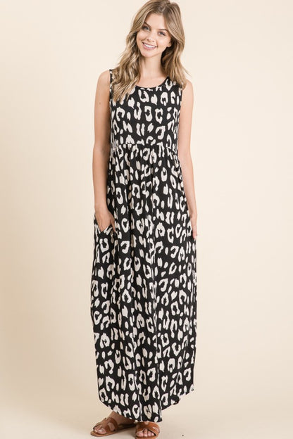 BOMBOM Leopard Maxi Dress with Pockets