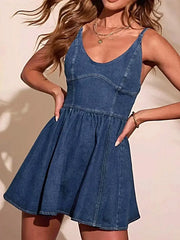 Smocked Back Adjustable Strap Denim Mini Dress -