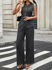 Striped Button Down Tank and Pants Denim Set -