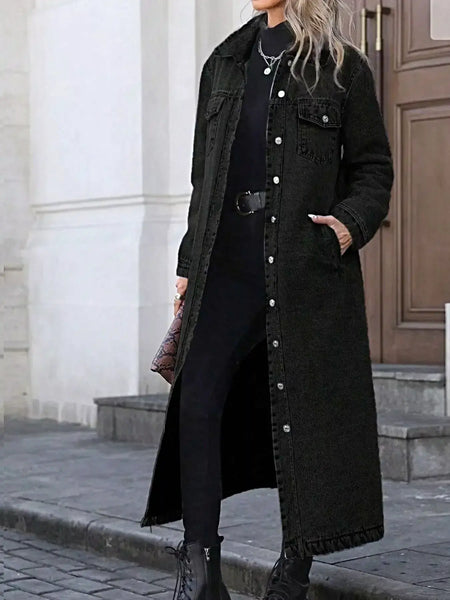 Longline Button-Front Denim Coat -