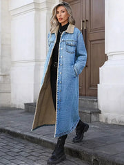 Sherpa Lined Longline Denim Jacket -