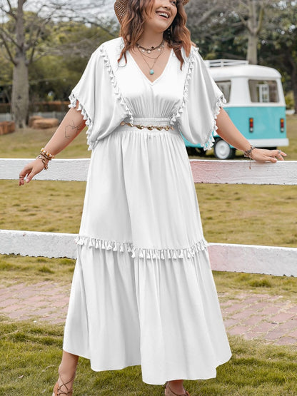 Plus Size Tassel Smocked V-Neck Half Sleeve Dress