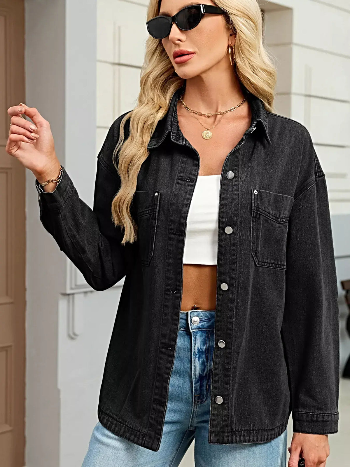 Button Up Dropped Shoulder Denim Jacket -