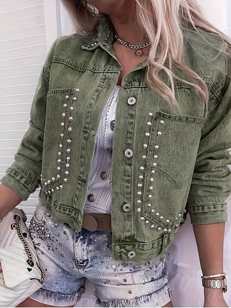 Studded Button Up Wash Denim Jacket -