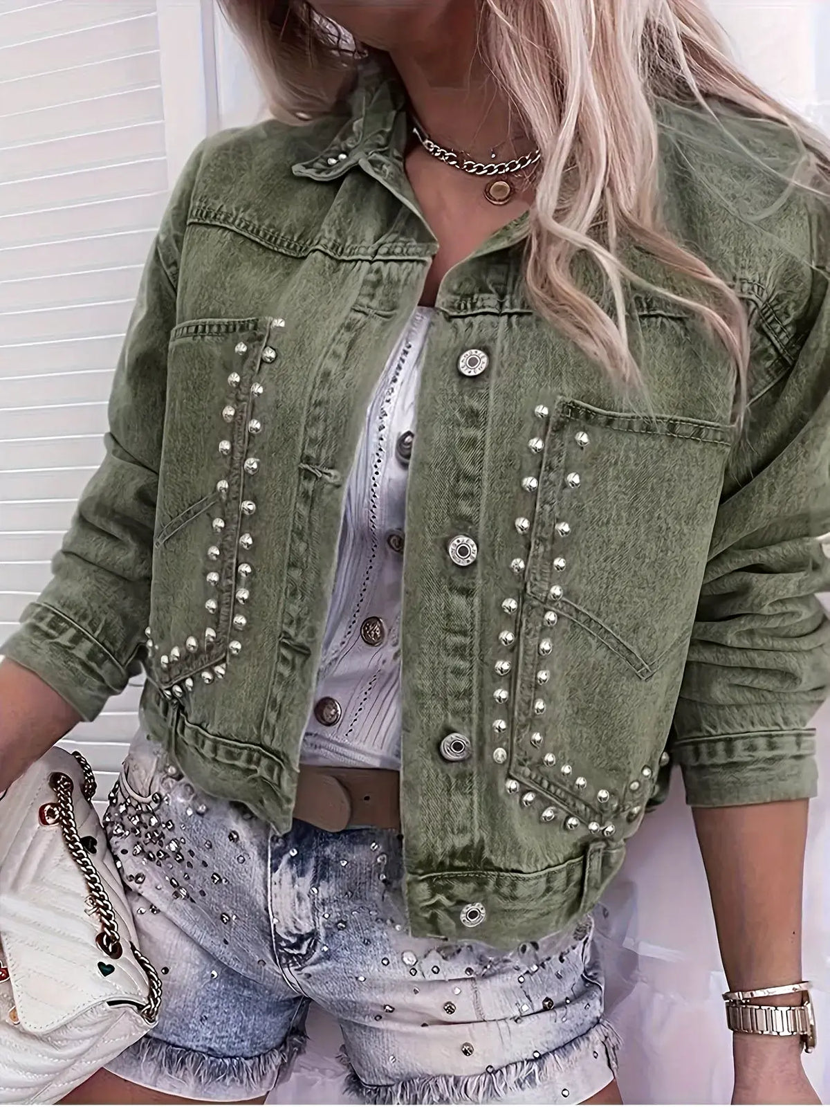 Studded Button Up Wash Denim Jacket -