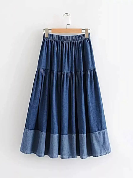 Elegant Tiered Denim Skirt - Midi Length, 100% Polyester, Machine Washable -
