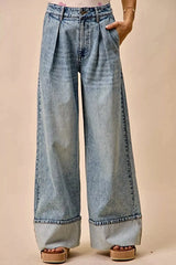 SO ME Mid Rise Plated Wid Leg Denim Jean -