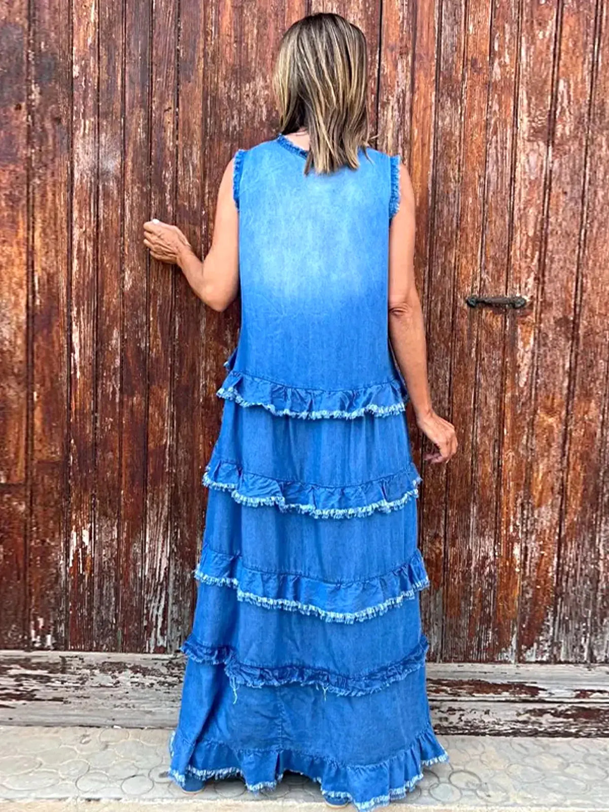 Raw Hem Layered Denim Maxi Dress -