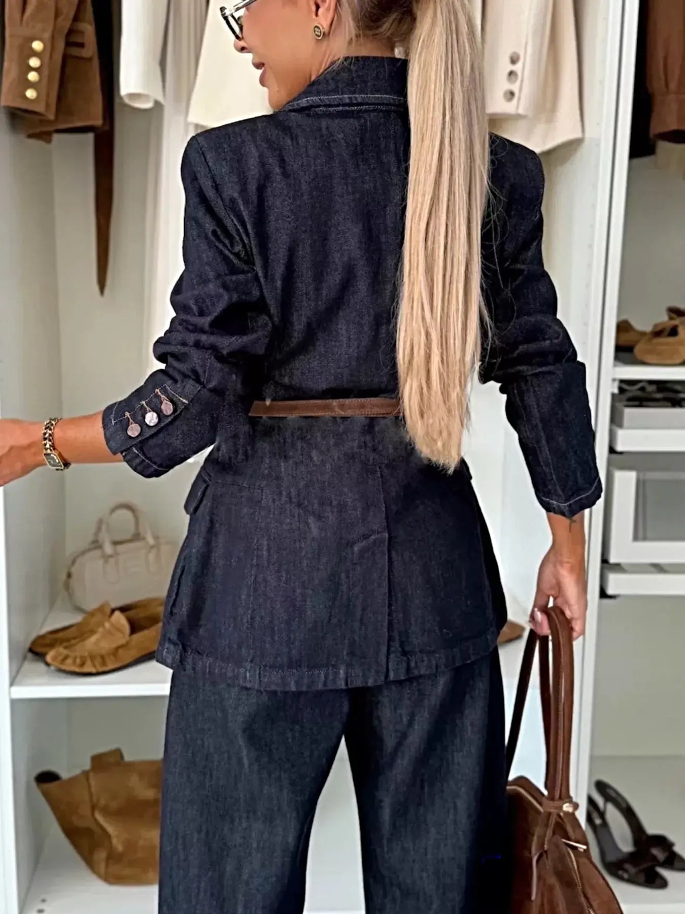 Single-Breasted Washed Denim Blazer -