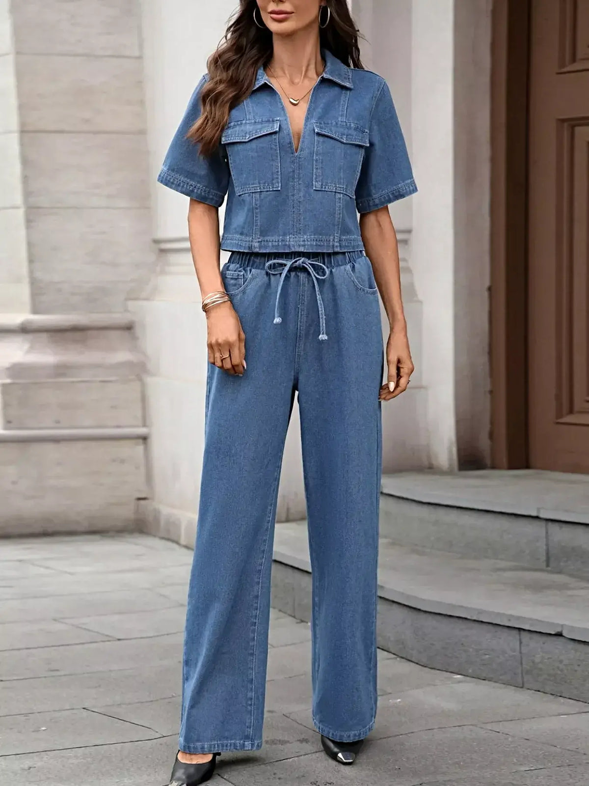 Short Sleeve Top and Drawstring Pants Denim Set -