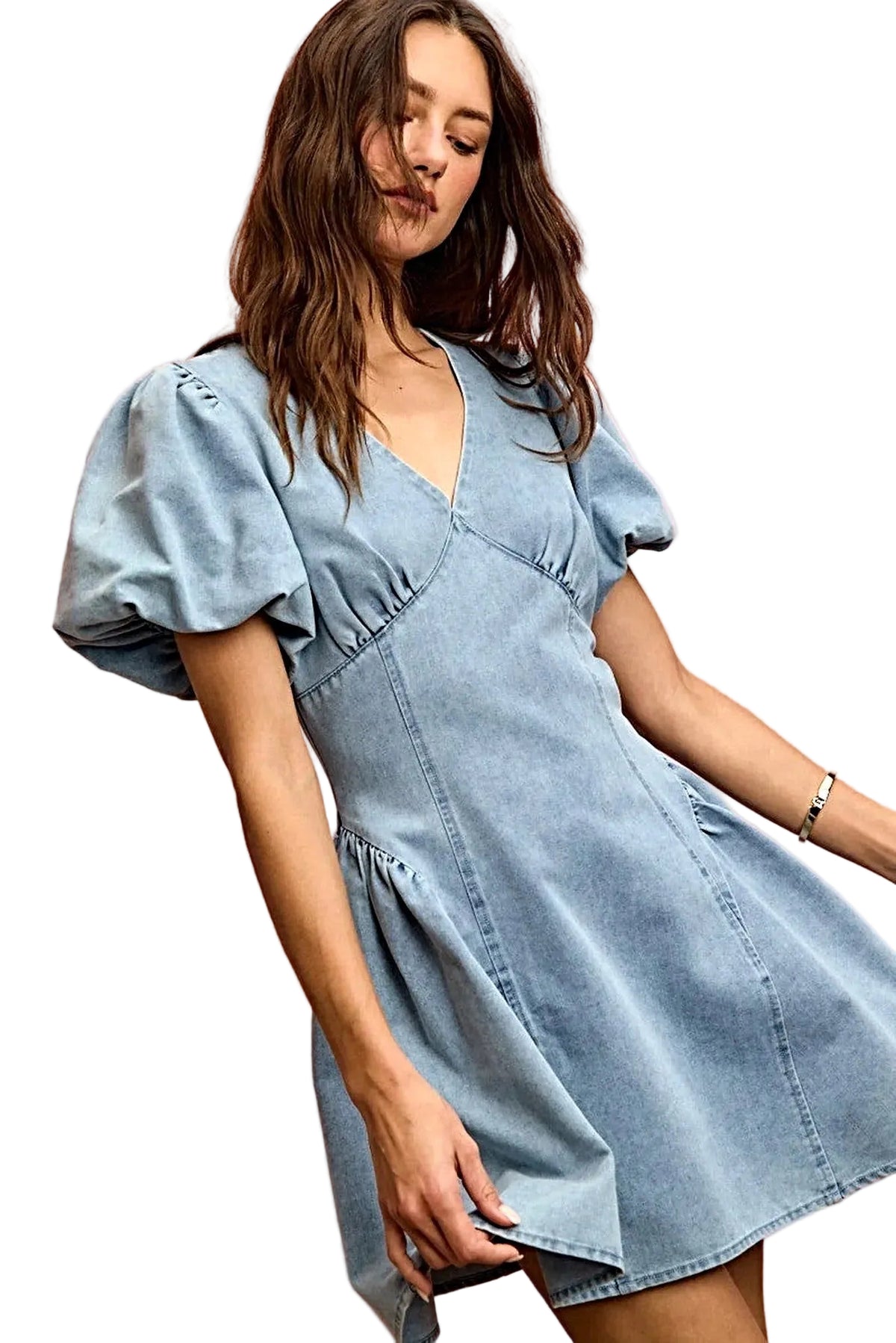 SO ME Bubble Sleeves Denim Fit And Flare Mini Dress -