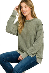 Zenana Acid Washed Double Ribbed Exposed-Seam Sweatshirt -