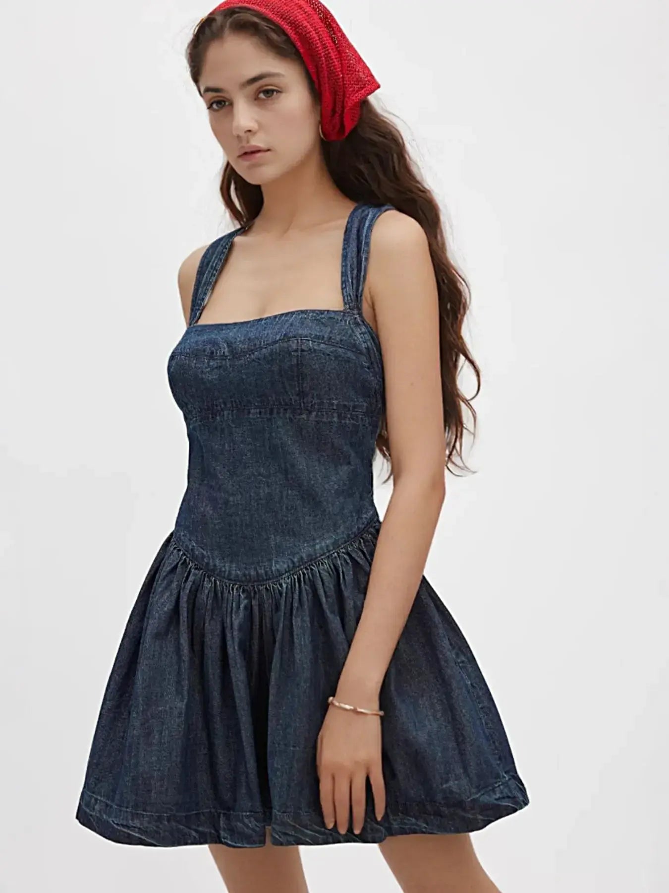 Smocked Crisscross Back Denim Mini Dress -