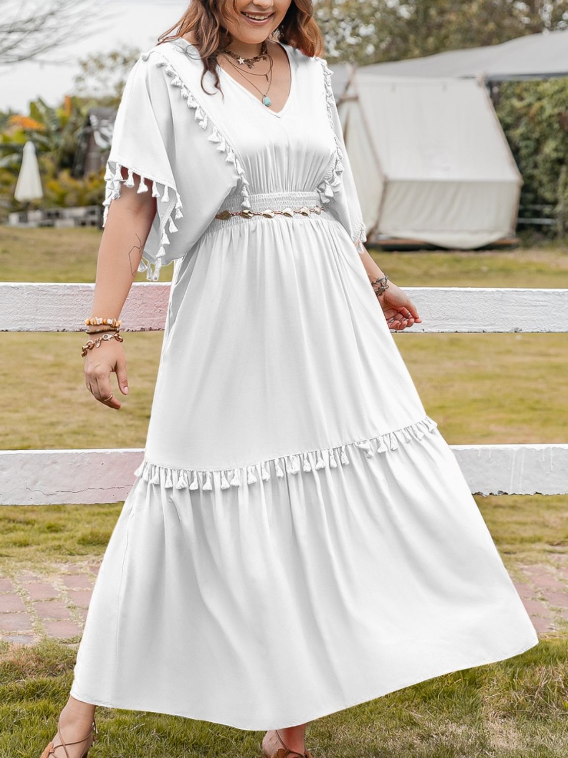 Plus Size Tassel Smocked V-Neck Half Sleeve Dress