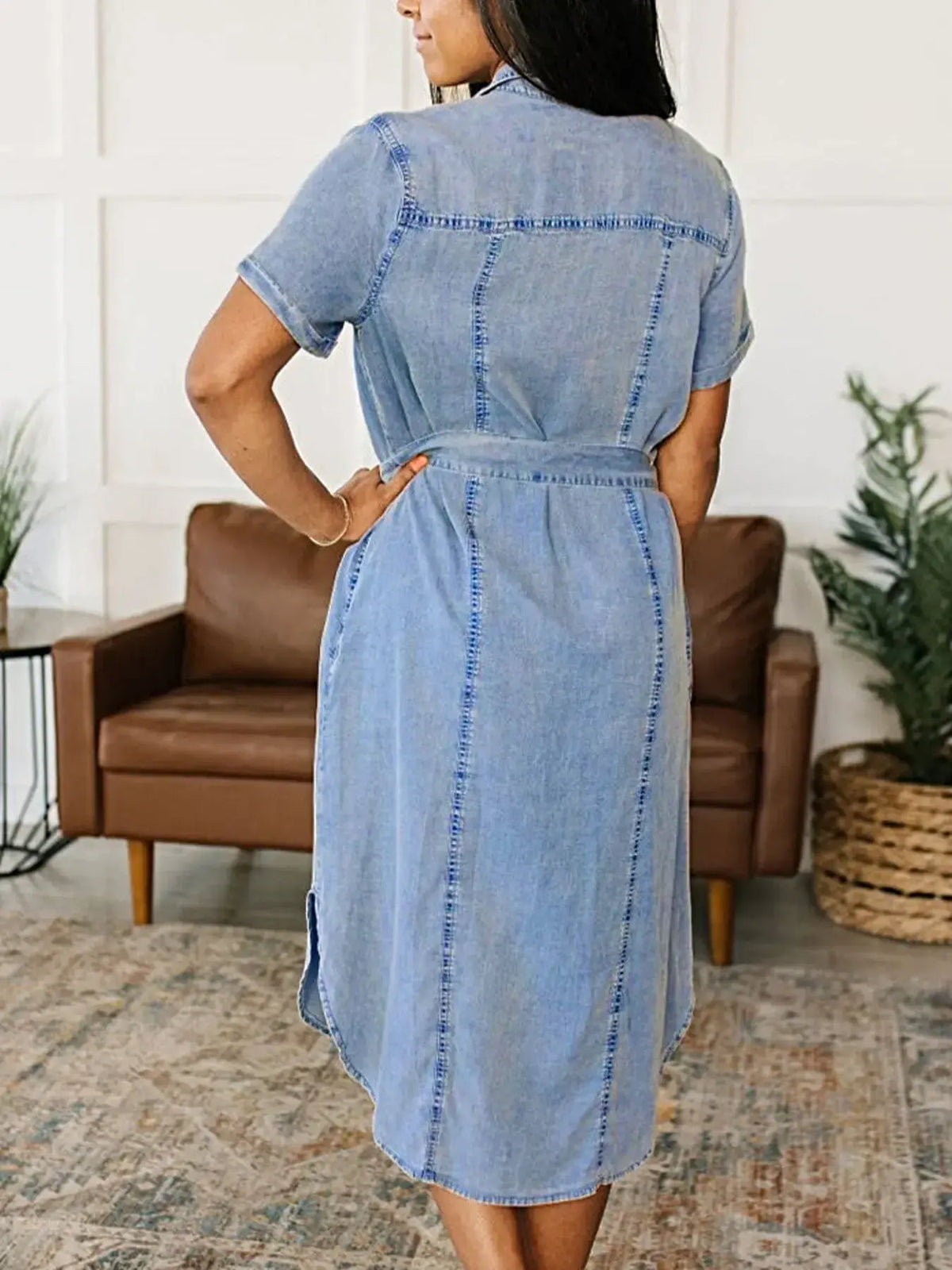 Button Front Short Sleeve Denim Dress -