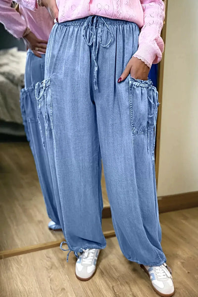 Drawstring Elastic Waist Pocketed Loose Jeans -