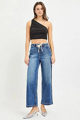 RISEN Elastic Band High Rise Cropped Wide Jeans -