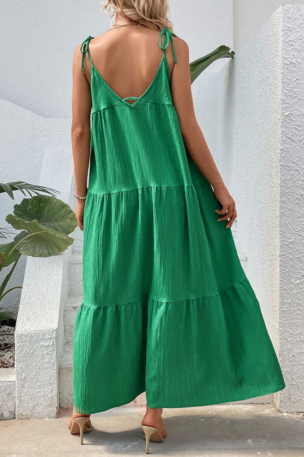 Perfee Tie-Shoulder Tiered Maxi Dress